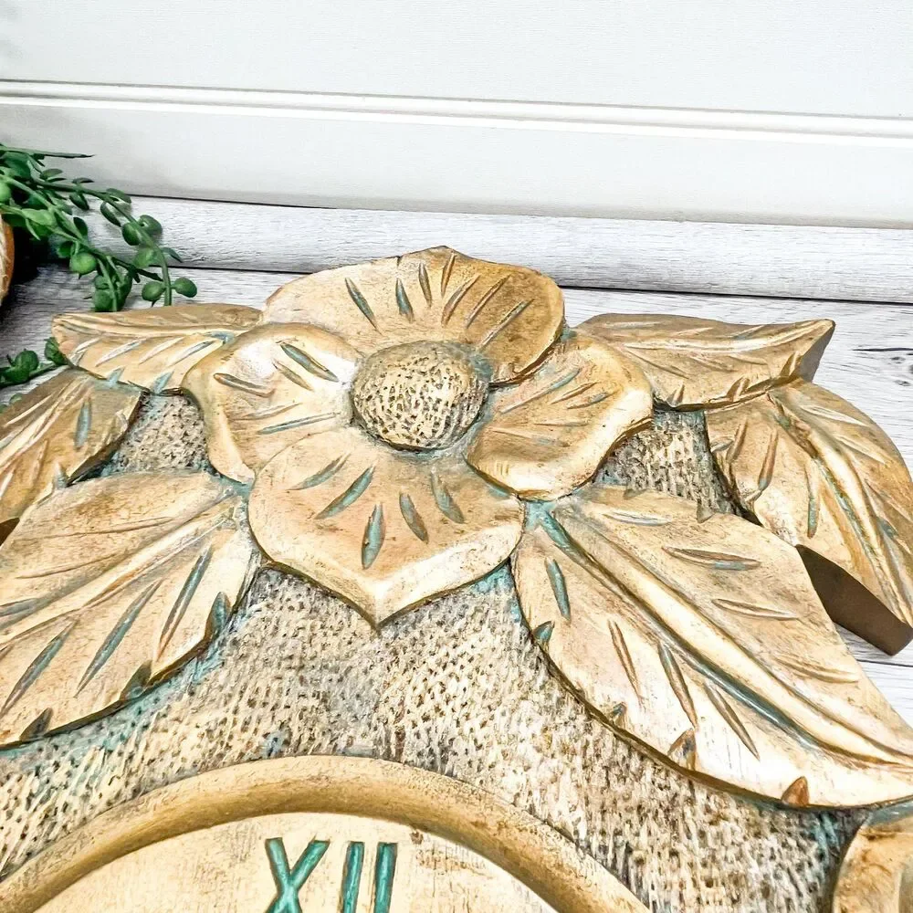 Large Gold Hand-Carved Wooden Floral Clock: Antique Wood Decor‎